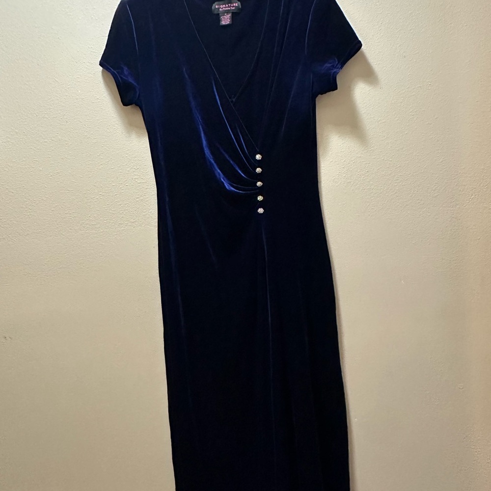 Signature by Robbie Bee Blue Velvet Midi Dress Rhinestone Buttons Size 10 - Picture 6 of 6